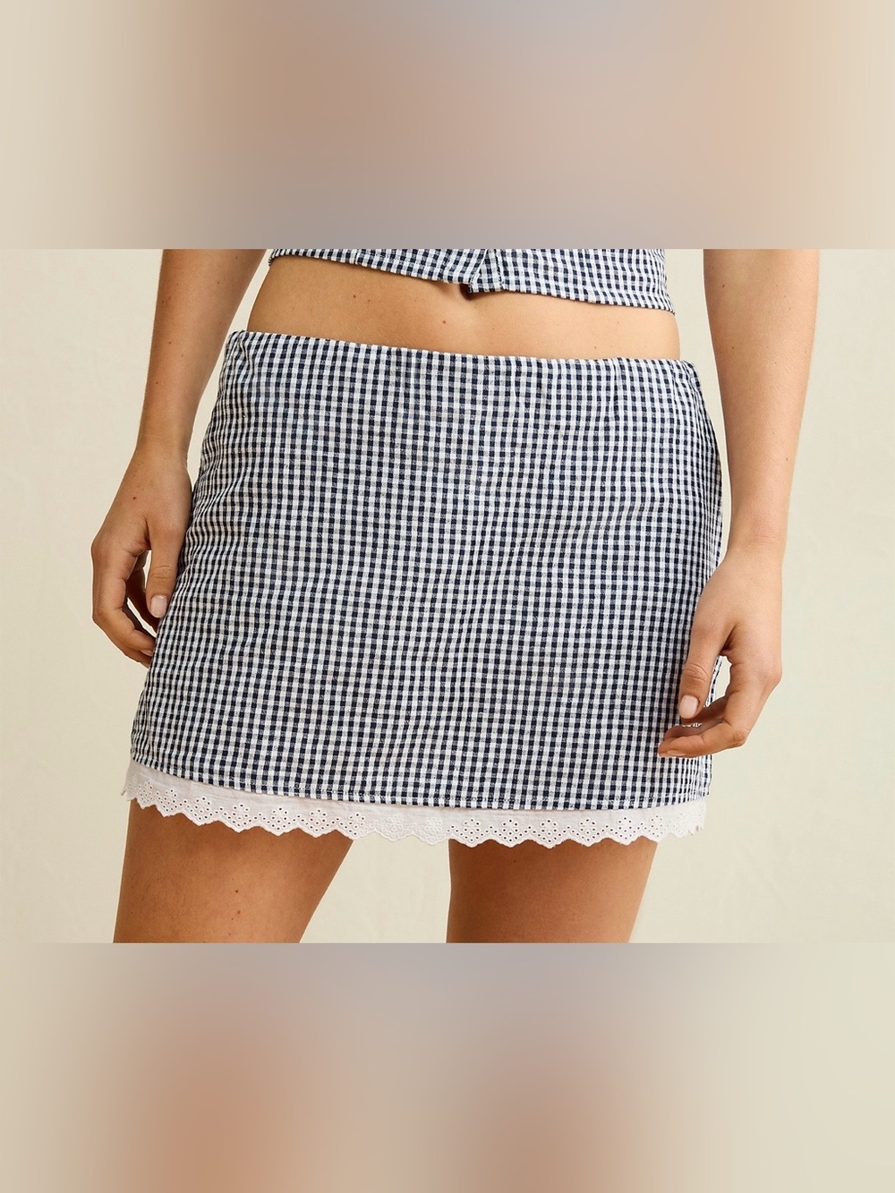 American Eagle Outfitters Navy and White Gingham Mini Skort with Lace Hem